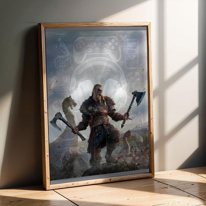 Assassin's Creed Valhalla key art in an oak frame leaning on a wooden floor