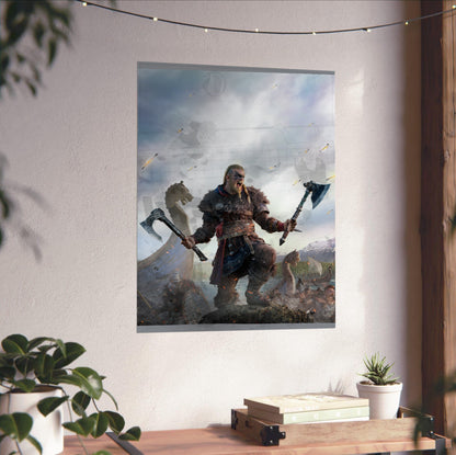 Assassin's Creed Valhalla key art unframed on a white wall above a desk