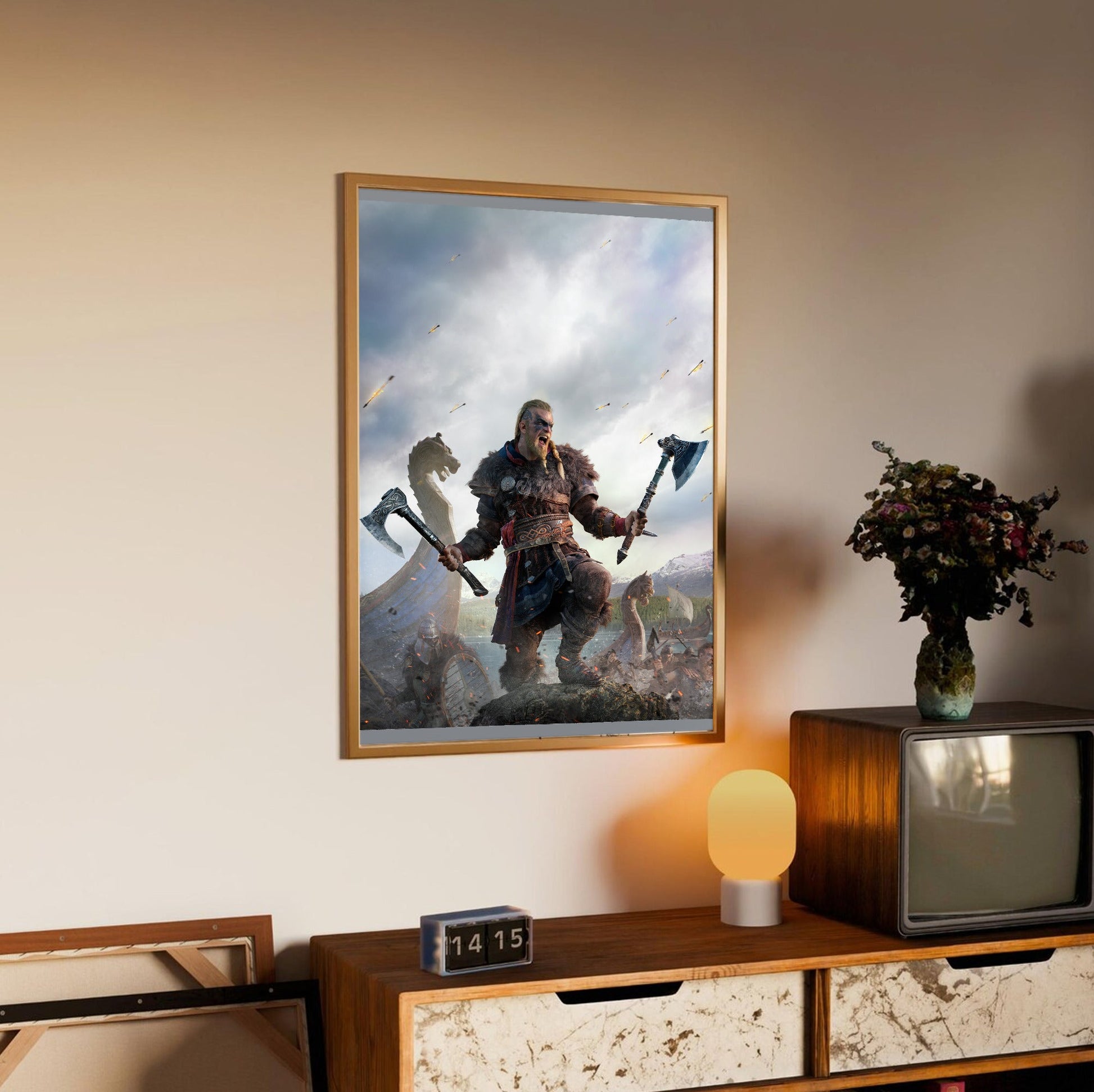 Assassin's Creed Valhalla key art in an oak frame above a sideboard