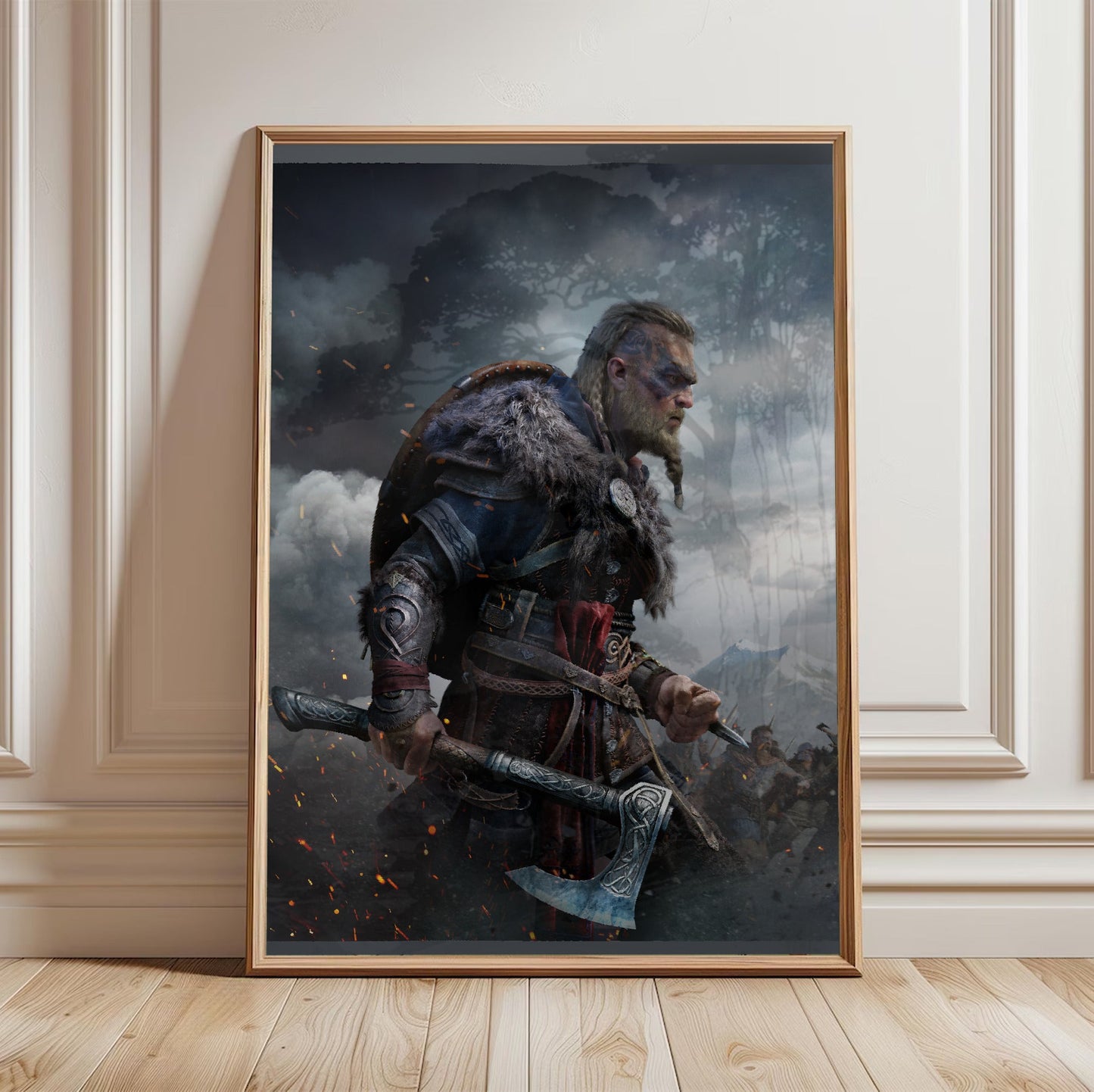 Assassin's Creed Valhalla Ultimate Edition key art in a light oak frame leaning against a white wall