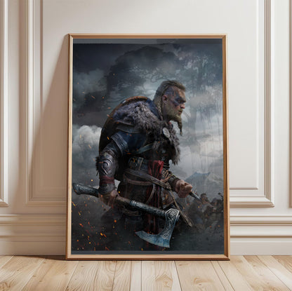 Assassin's Creed Valhalla Ultimate Edition key art in a light oak frame leaning against a white wall