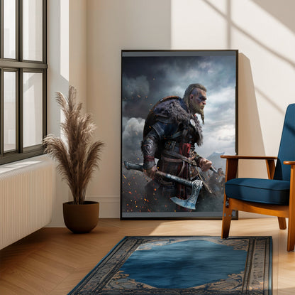 Assassin's Creed Valhalla Ultimate Edition key art framed beside a blue armchair in a sunlit room