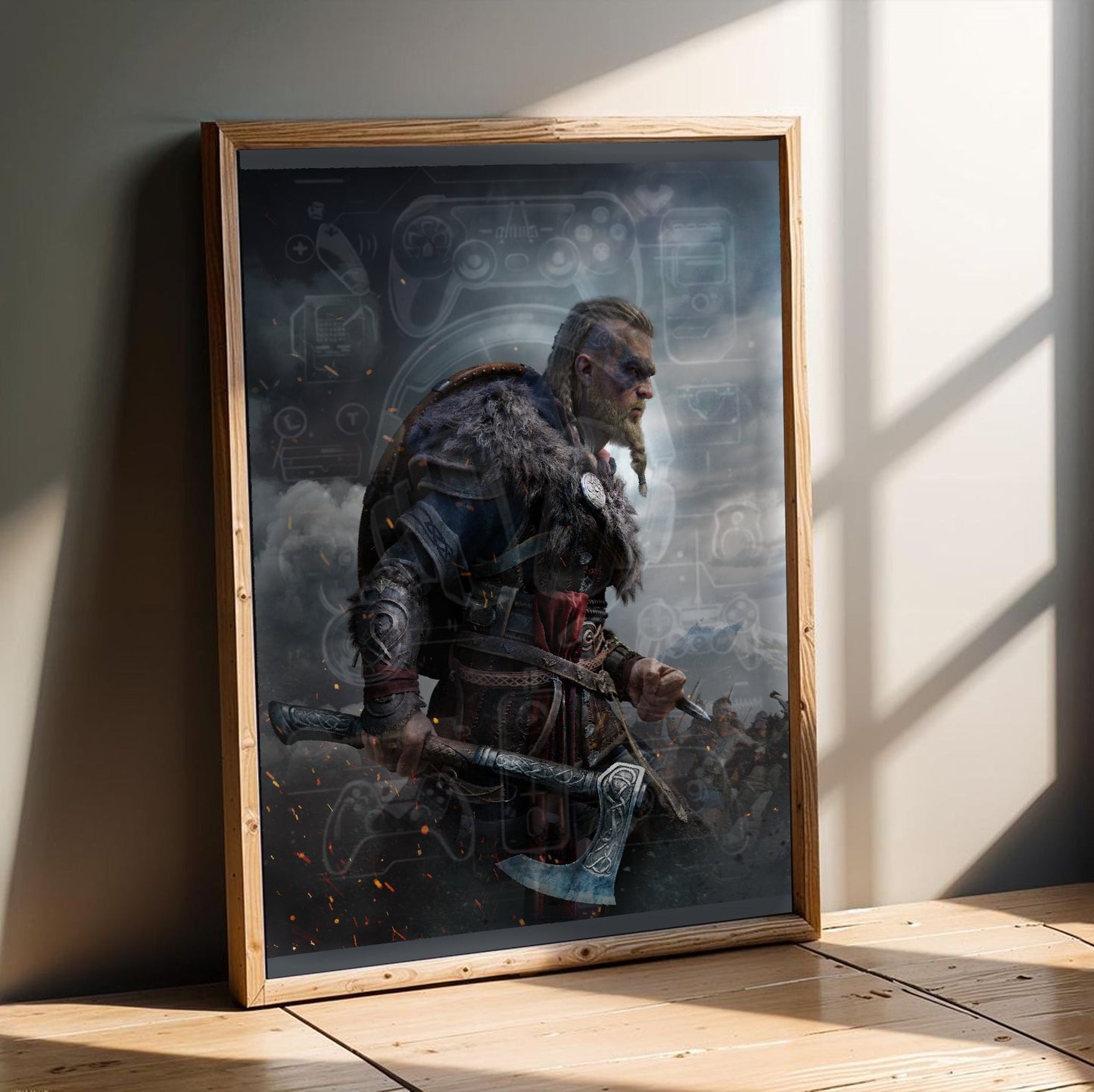 Assassin's Creed Valhalla Ultimate Edition key art in an oak frame leaning on a wooden floor