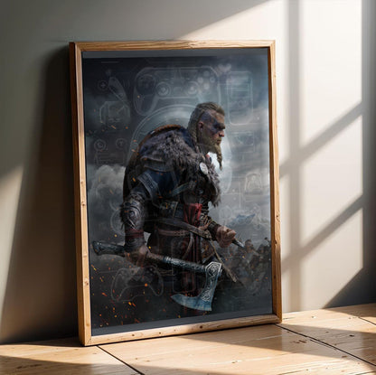 Assassin's Creed Valhalla Ultimate Edition key art in an oak frame leaning on a wooden floor