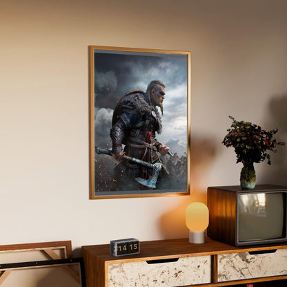 Assassin's Creed Valhalla Ultimate Edition key art in an oak frame above a sideboard