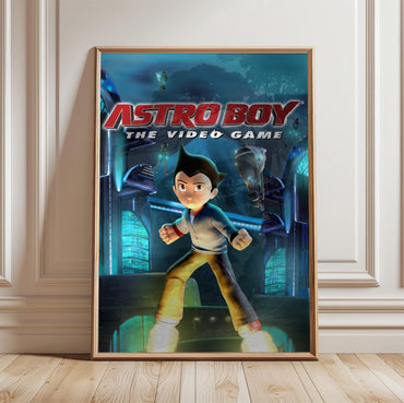 Astro Boy The Video Game key art in a light oak frame leaning against a white wall