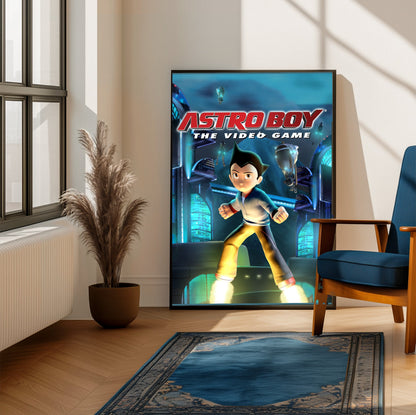 Astro Boy The Video Game key art framed beside a blue armchair in a sunlit room