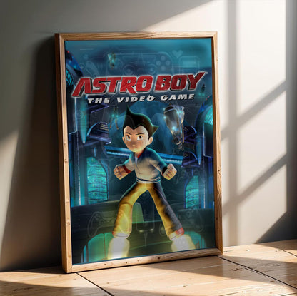 Astro Boy The Video Game key art in an oak frame leaning on a wooden floor