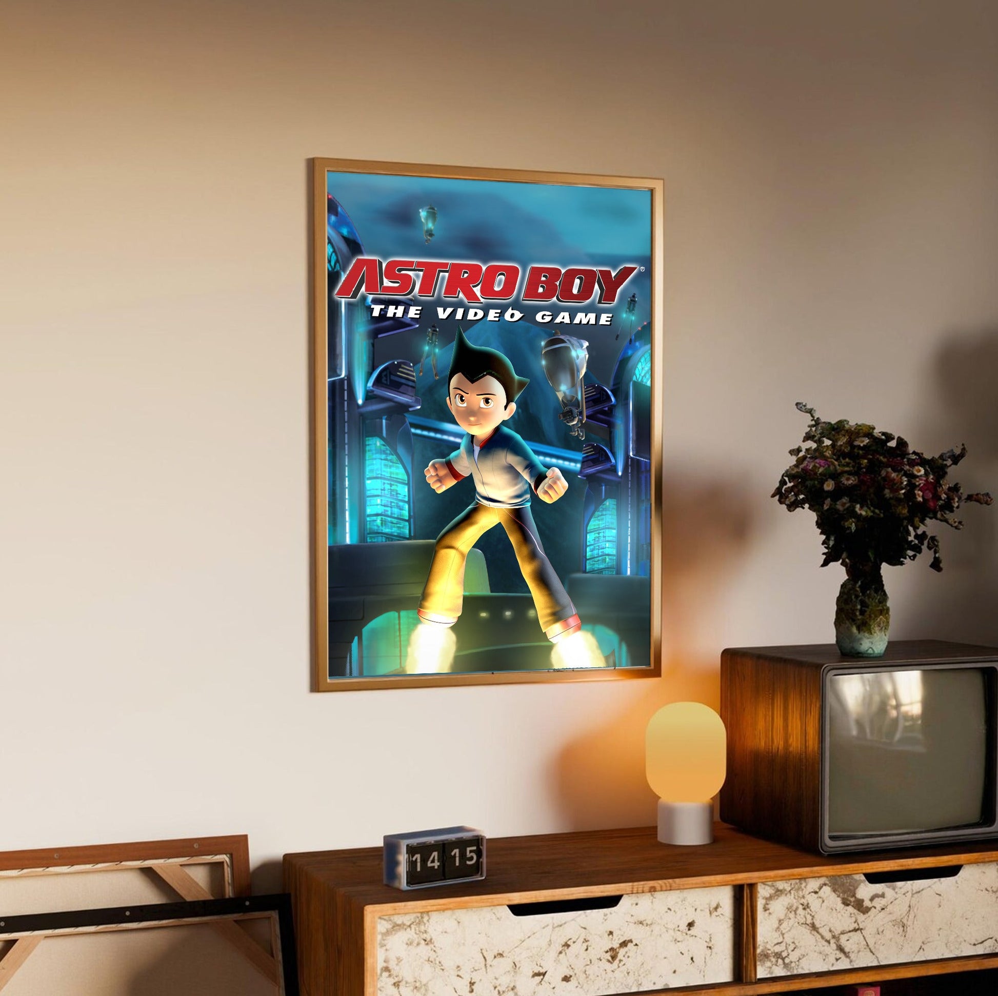Astro Boy The Video Game key art in an oak frame above a sideboard