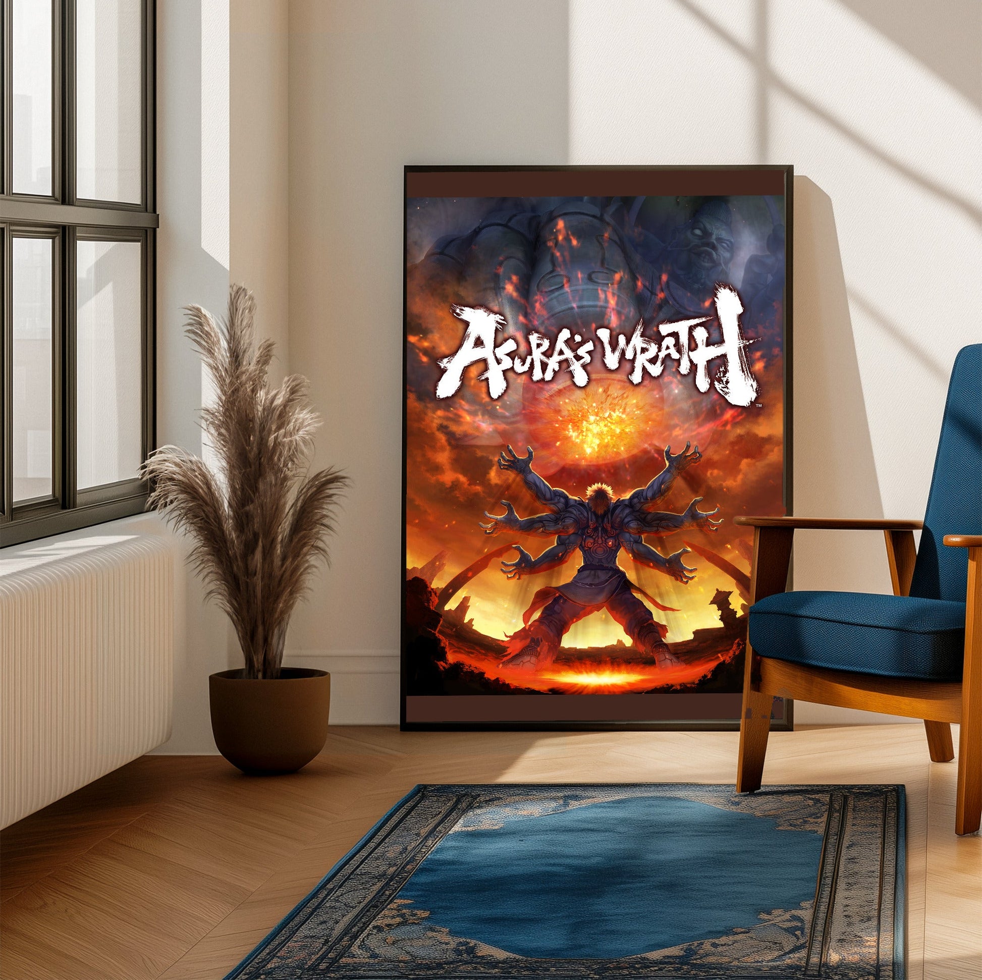 Asura's Wrath E3 artwork with logo framed beside a blue armchair in a sunlit room