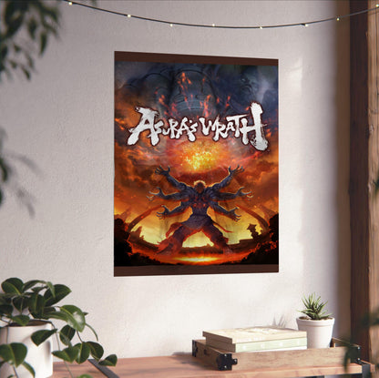 Asura's Wrath E3 artwork with logo unframed on a white wall above a desk