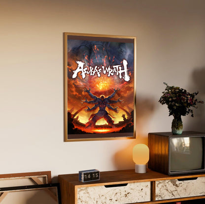Asura's Wrath E3 artwork with logo in an oak frame above a sideboard