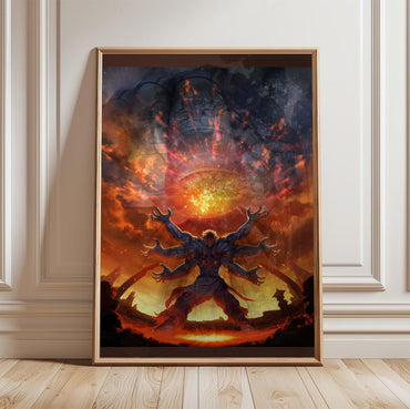 Asura's Wrath E3 artwork in a light oak frame leaning against a white wall