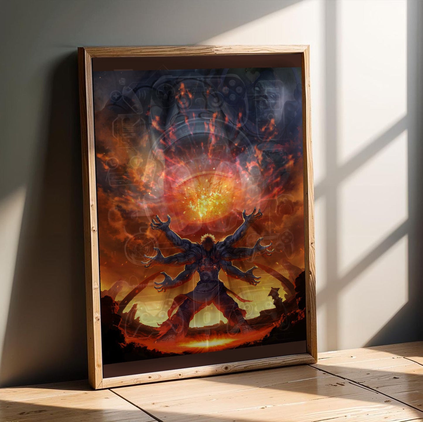 Asura's Wrath E3 artwork in an oak frame leaning on a wooden floor