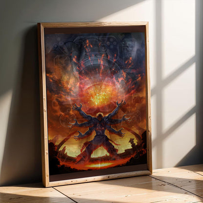 Asura's Wrath E3 artwork in an oak frame leaning on a wooden floor