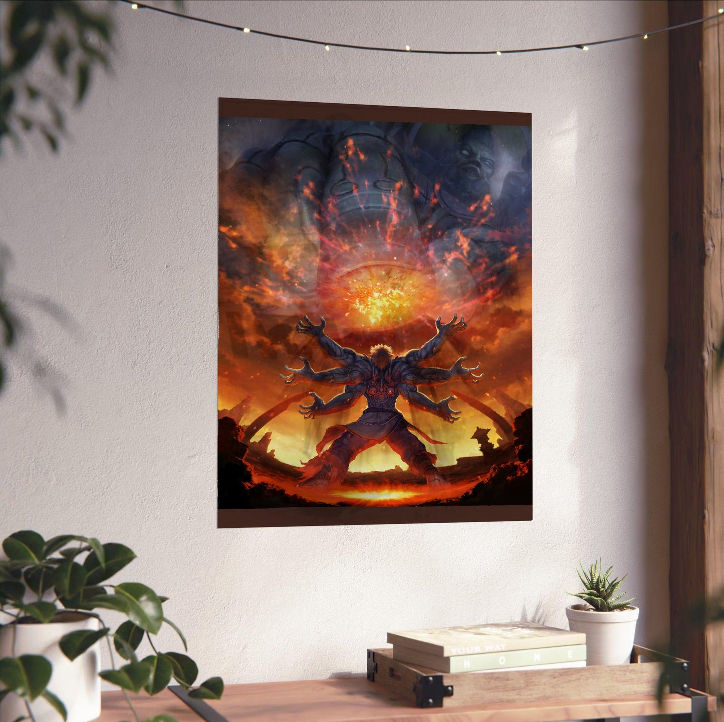 Asura's Wrath E3 artwork unframed on a white wall above a desk