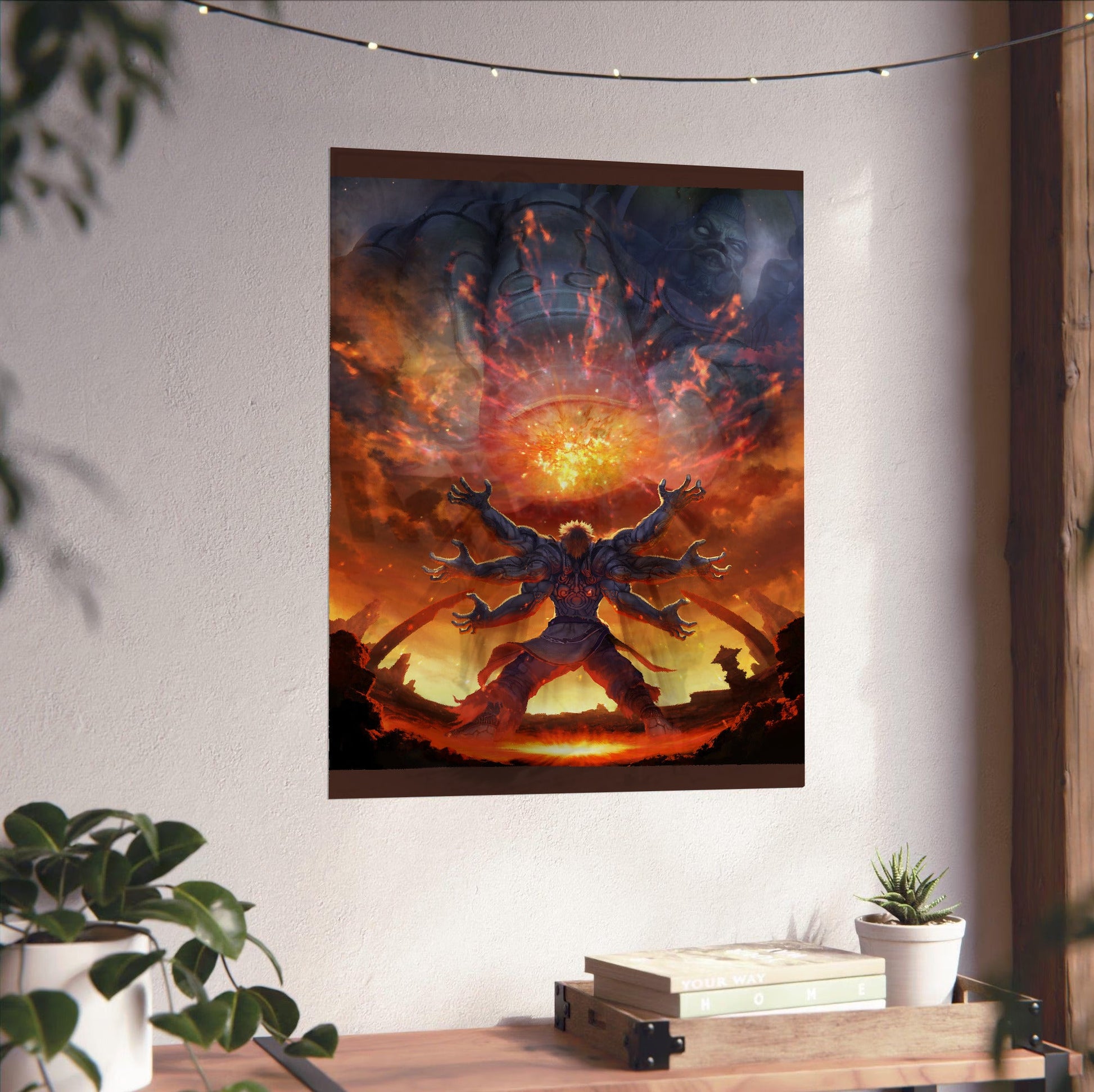 Asura's Wrath E3 artwork unframed on a white wall above a desk