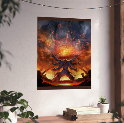 Asura's Wrath E3 artwork unframed on a white wall above a desk