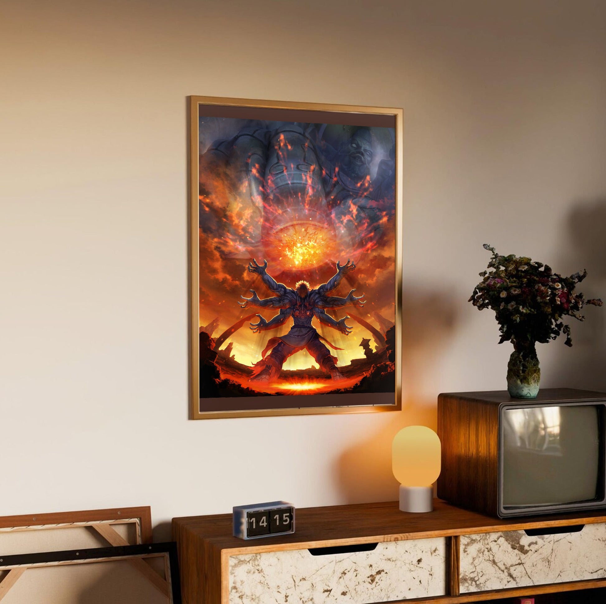 Asura's Wrath E3 artwork in an oak frame above a sideboard