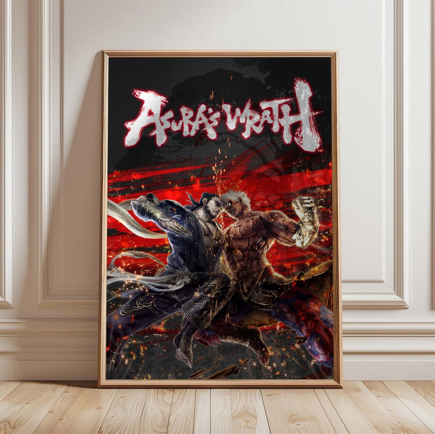 Asura's Wrath Yasha vs Asura art in a light oak frame leaning against a white wall