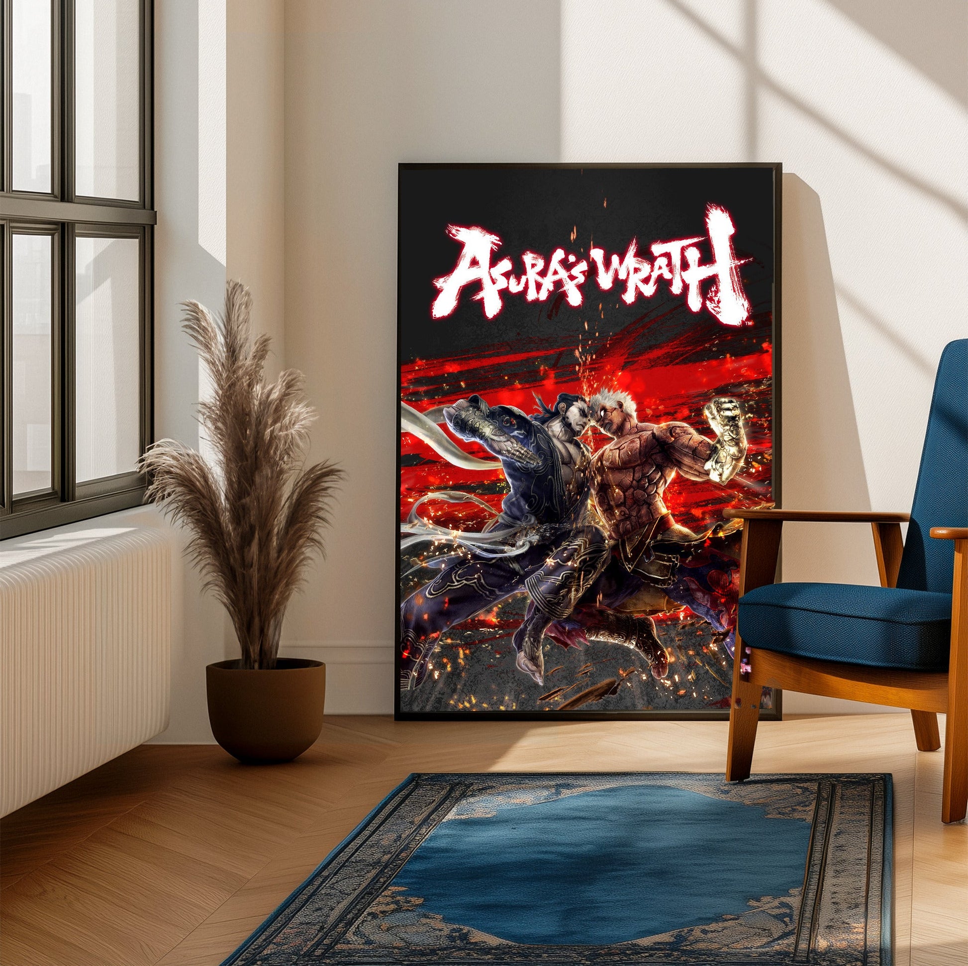 Asura's Wrath Yasha vs Asura art framed beside a blue armchair in a sunlit room