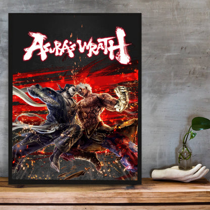 Asura's Wrath Yasha vs Asura art in a black frame on a wooden shelf against concrete