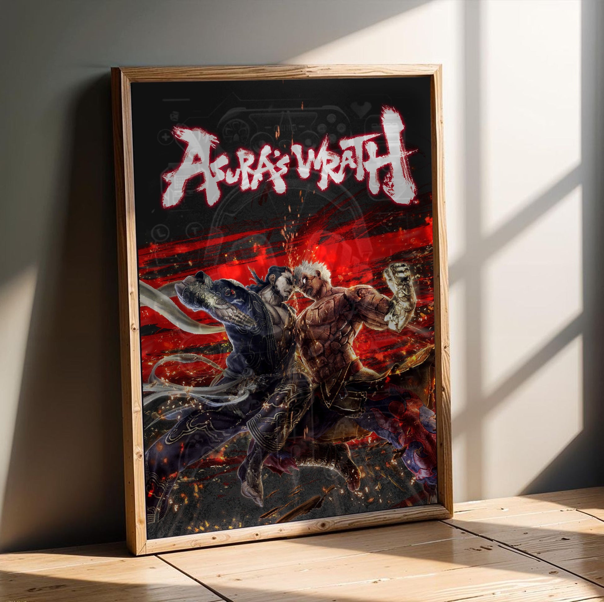 Asura's Wrath Yasha vs Asura art in an oak frame leaning on a wooden floor