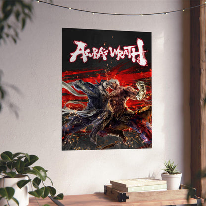 Asura's Wrath Yasha vs Asura art unframed on a white wall above a desk