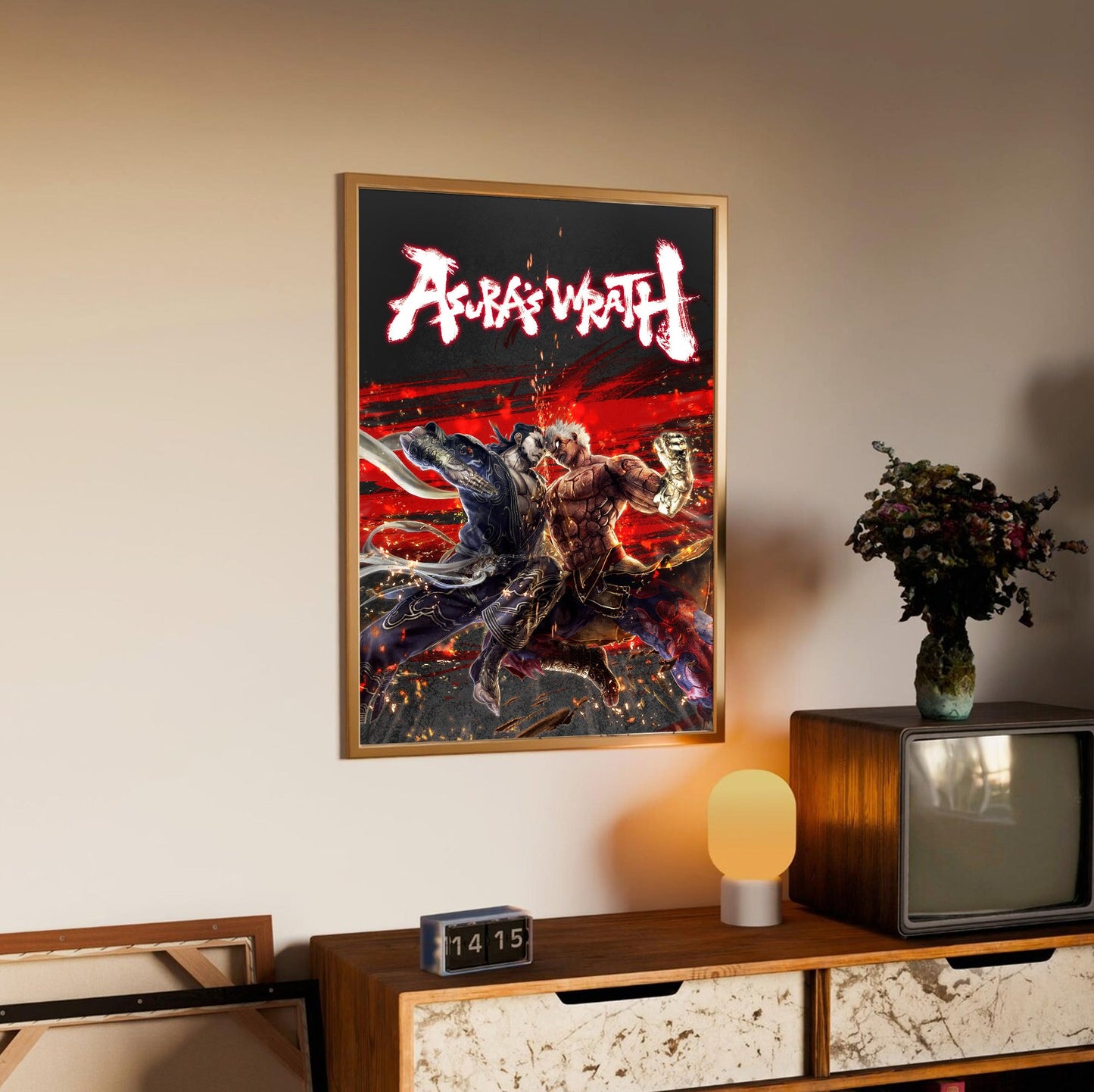 Asura's Wrath Yasha vs Asura art in an oak frame above a sideboard