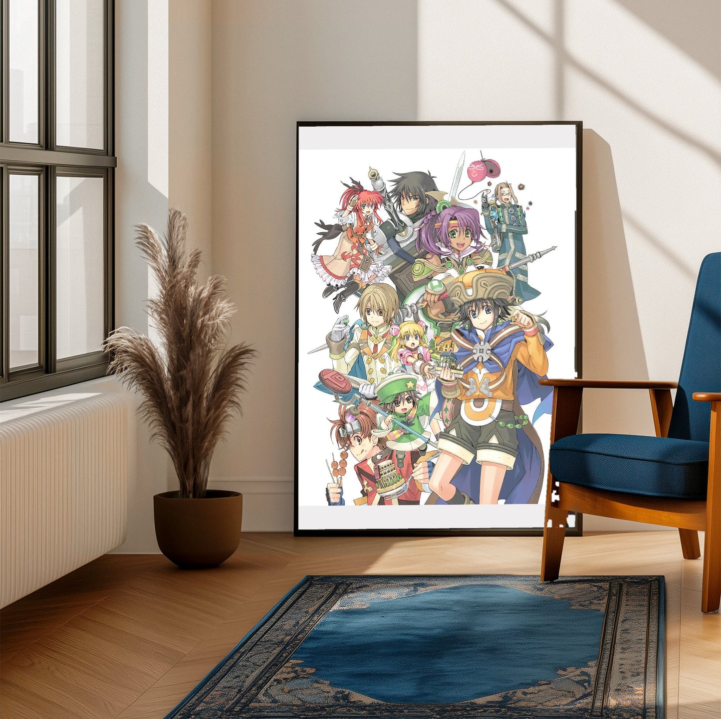 Atelier Annie Alchemists of Sera Island Character Illustration framed beside a blue armchair in a sunlit room