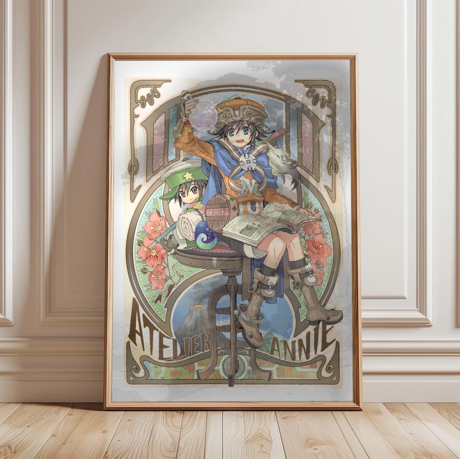 Atelier Annie Alchemists of Sera Island Official Cover Art in a light oak frame leaning against a white wall