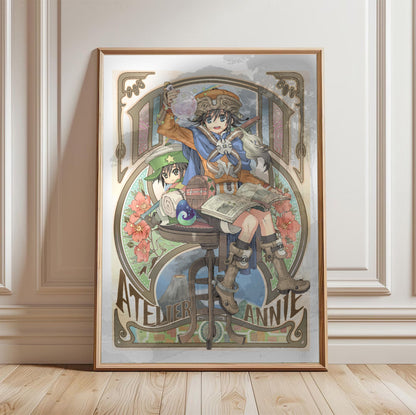 Atelier Annie Alchemists of Sera Island Official Cover Art in a light oak frame leaning against a white wall