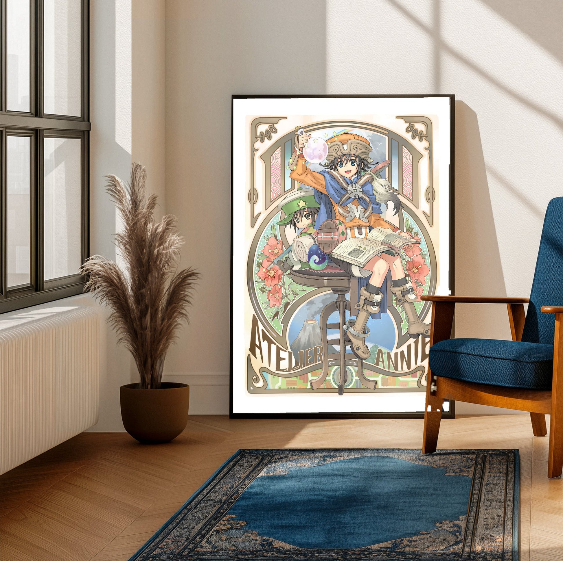 Atelier Annie Alchemists of Sera Island Official Cover Art framed beside a blue armchair in a sunlit room