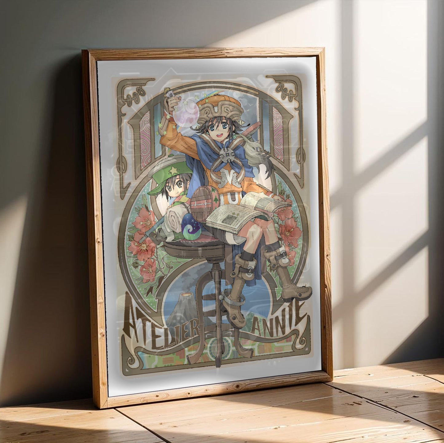 Atelier Annie Alchemists of Sera Island Official Cover Art in an oak frame leaning on a wooden floor