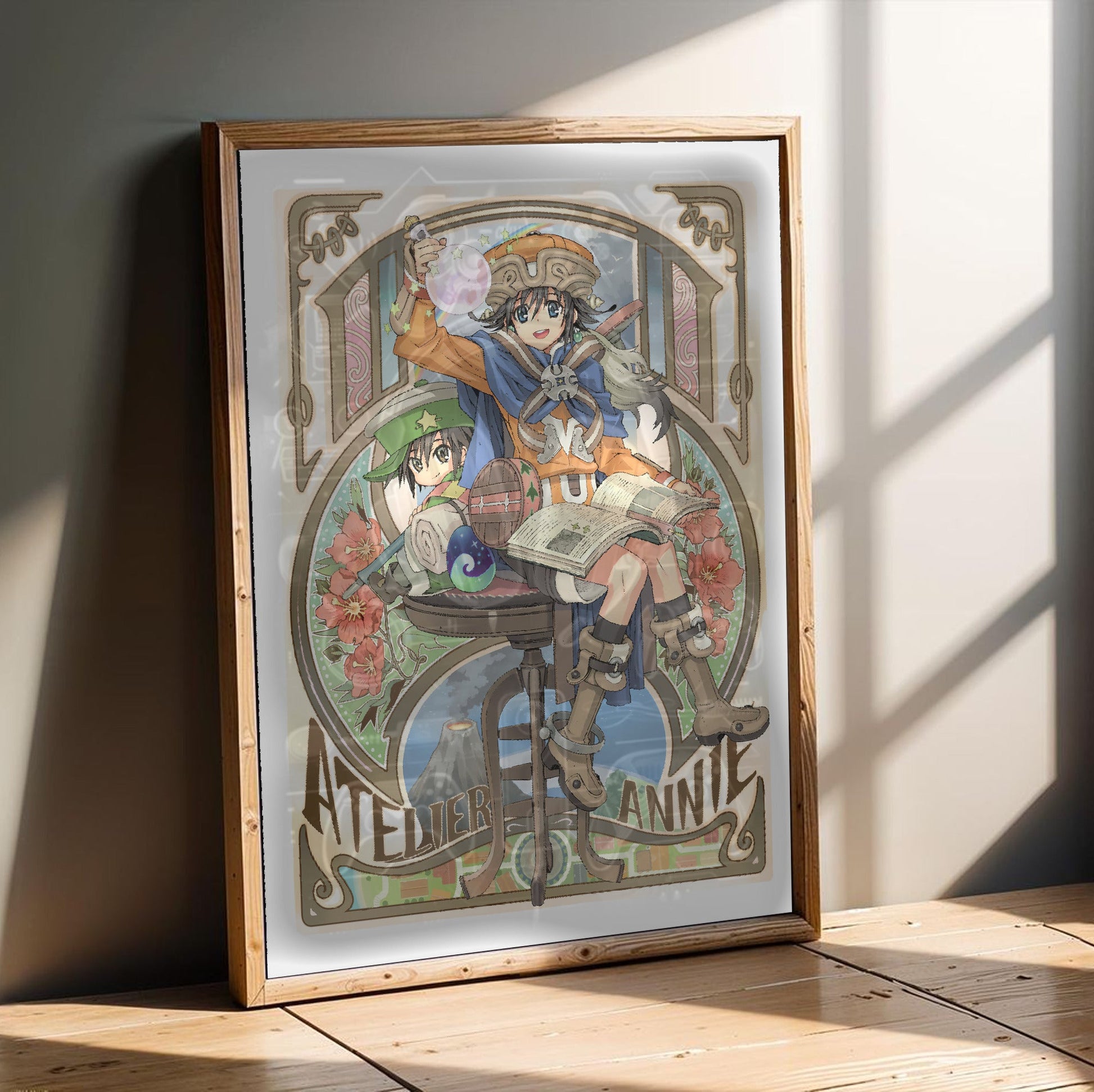 Atelier Annie Alchemists of Sera Island Official Cover Art in an oak frame leaning on a wooden floor