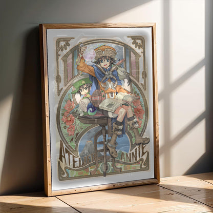 Atelier Annie Alchemists of Sera Island Official Cover Art in an oak frame leaning on a wooden floor