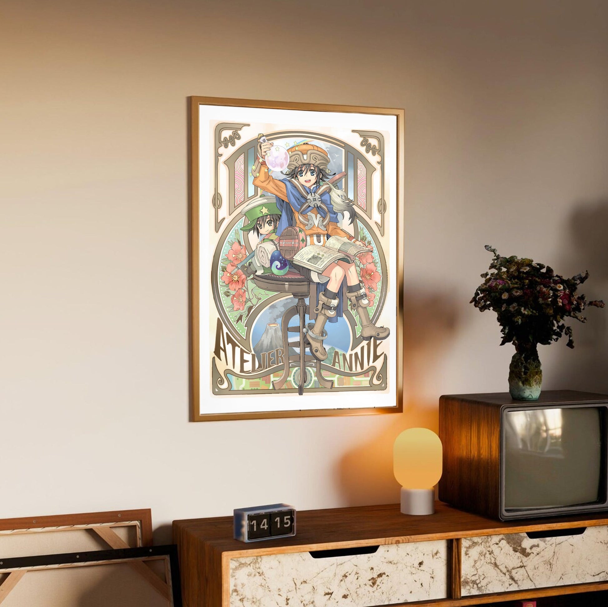 Atelier Annie Alchemists of Sera Island Official Cover Art in an oak frame above a sideboard