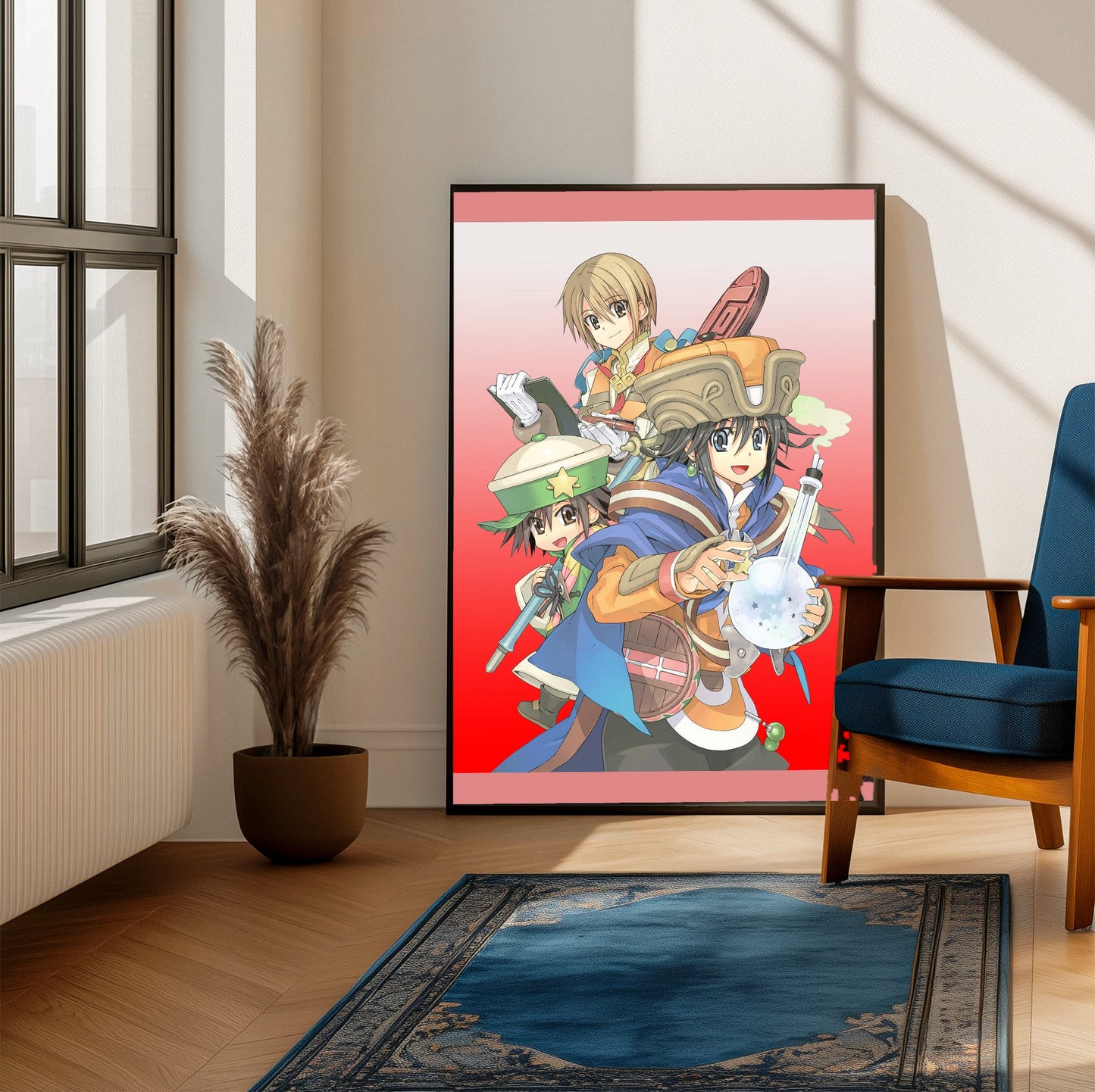 Atelier Annie Alchemists of Sera Island Official Key Art framed beside a blue armchair in a sunlit room