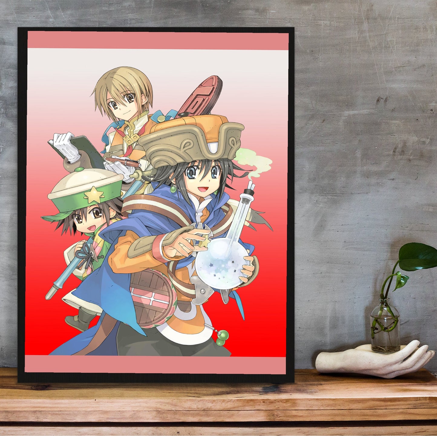 Atelier Annie Alchemists of Sera Island Official Key Art in a black frame on a wooden shelf against concrete