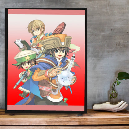 Atelier Annie Alchemists of Sera Island Official Key Art in a black frame on a wooden shelf against concrete