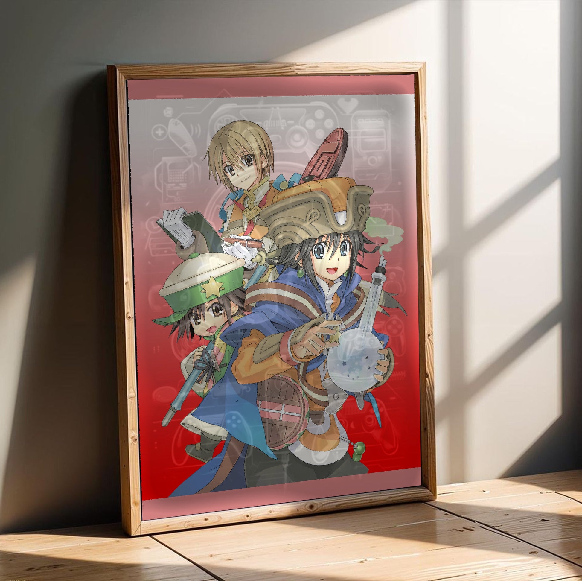 Atelier Annie Alchemists of Sera Island Official Key Art in an oak frame leaning on a wooden floor