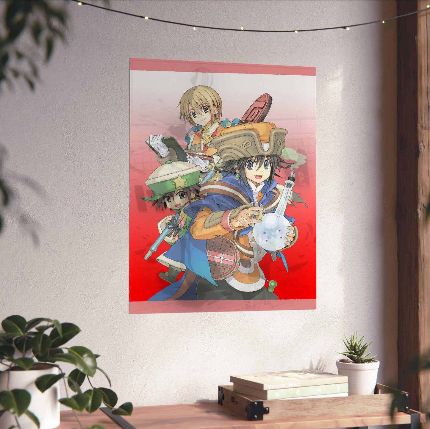 Atelier Annie Alchemists of Sera Island Official Key Art unframed on a white wall above a desk