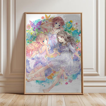 Atelier Arland Series Deluxe Pack Limited Illustration by Mel Kishida in a light oak frame leaning against a white wall
