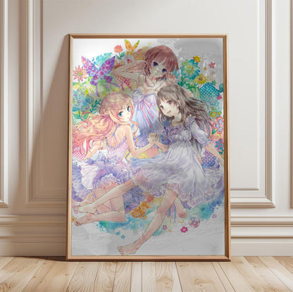 Atelier Arland Series Deluxe Pack Limited Illustration by Mel Kishida in a light oak frame leaning against a white wall