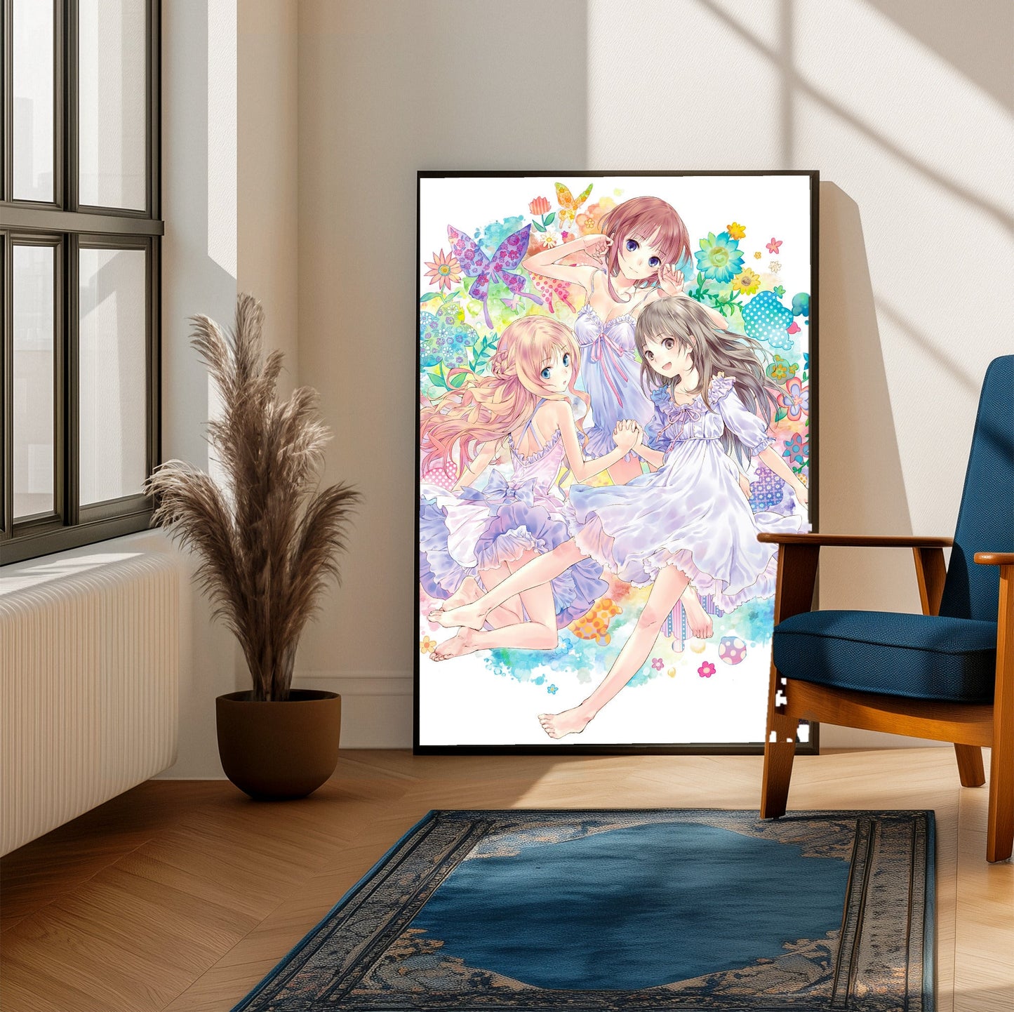 Atelier Arland Series Deluxe Pack Limited Illustration by Mel Kishida framed beside a blue armchair in a sunlit room