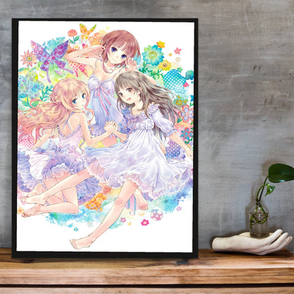 Atelier Arland Series Deluxe Pack Limited Illustration by Mel Kishida in a black frame on a wooden shelf against concrete
