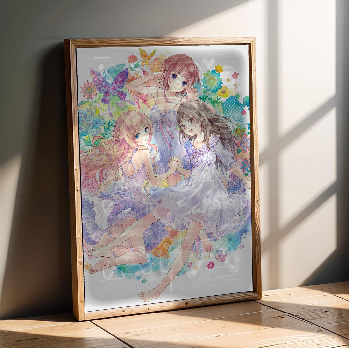 Atelier Arland Series Deluxe Pack Limited Illustration by Mel Kishida in an oak frame leaning on a wooden floor