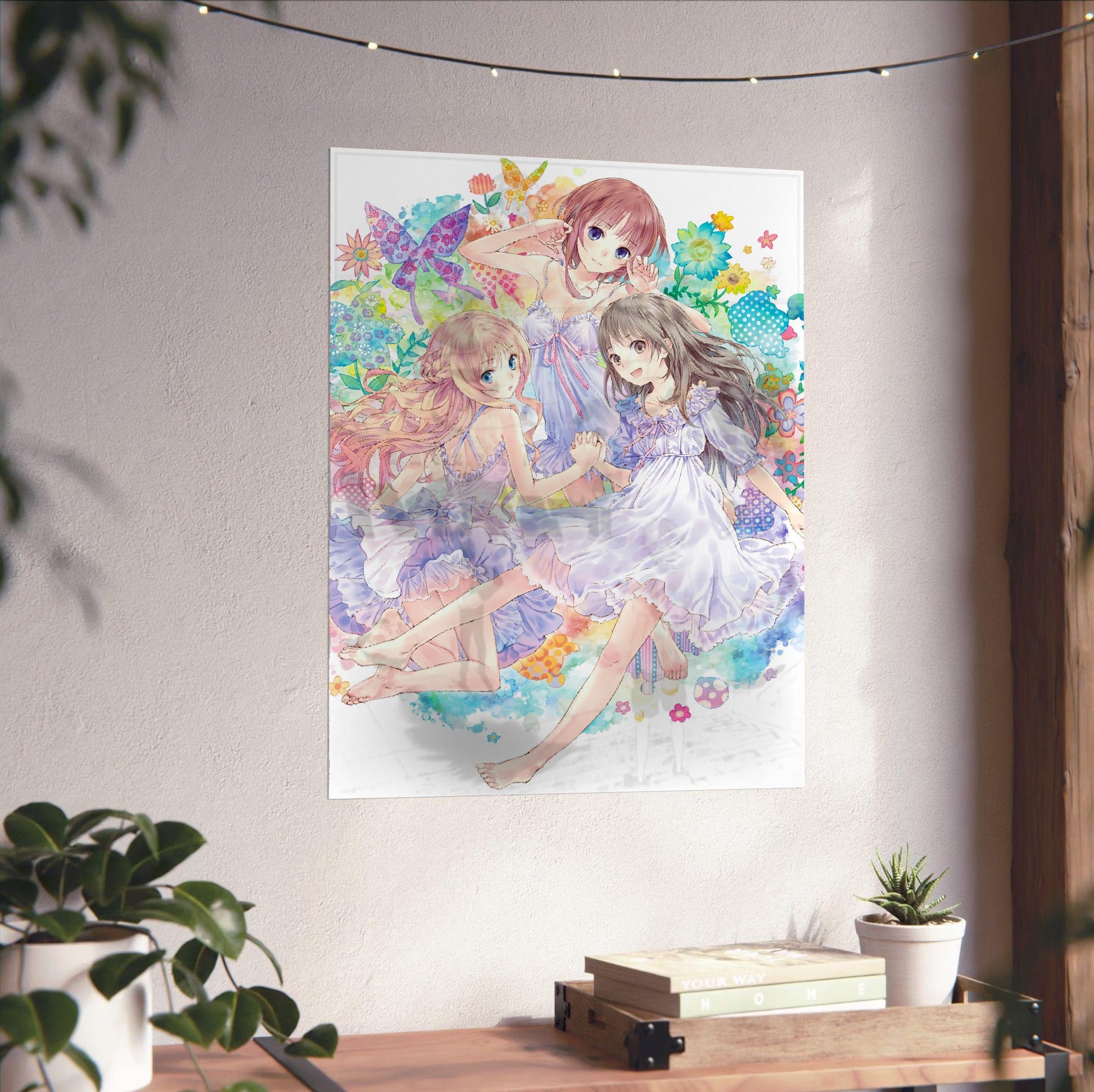 Atelier Arland Series Deluxe Pack Limited Illustration by Mel Kishida unframed on a white wall above a desk
