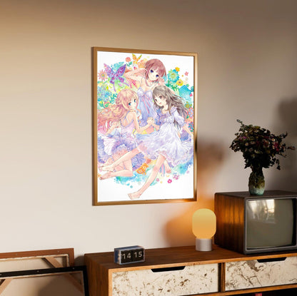Atelier Arland Series Deluxe Pack Limited Illustration by Mel Kishida in an oak frame above a sideboard