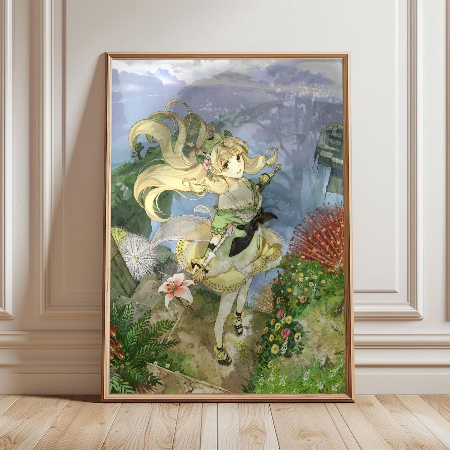 Atelier Ayesha Plus The Alchemist of Dusk Main Visual by Hidari in a light oak frame leaning against a white wall